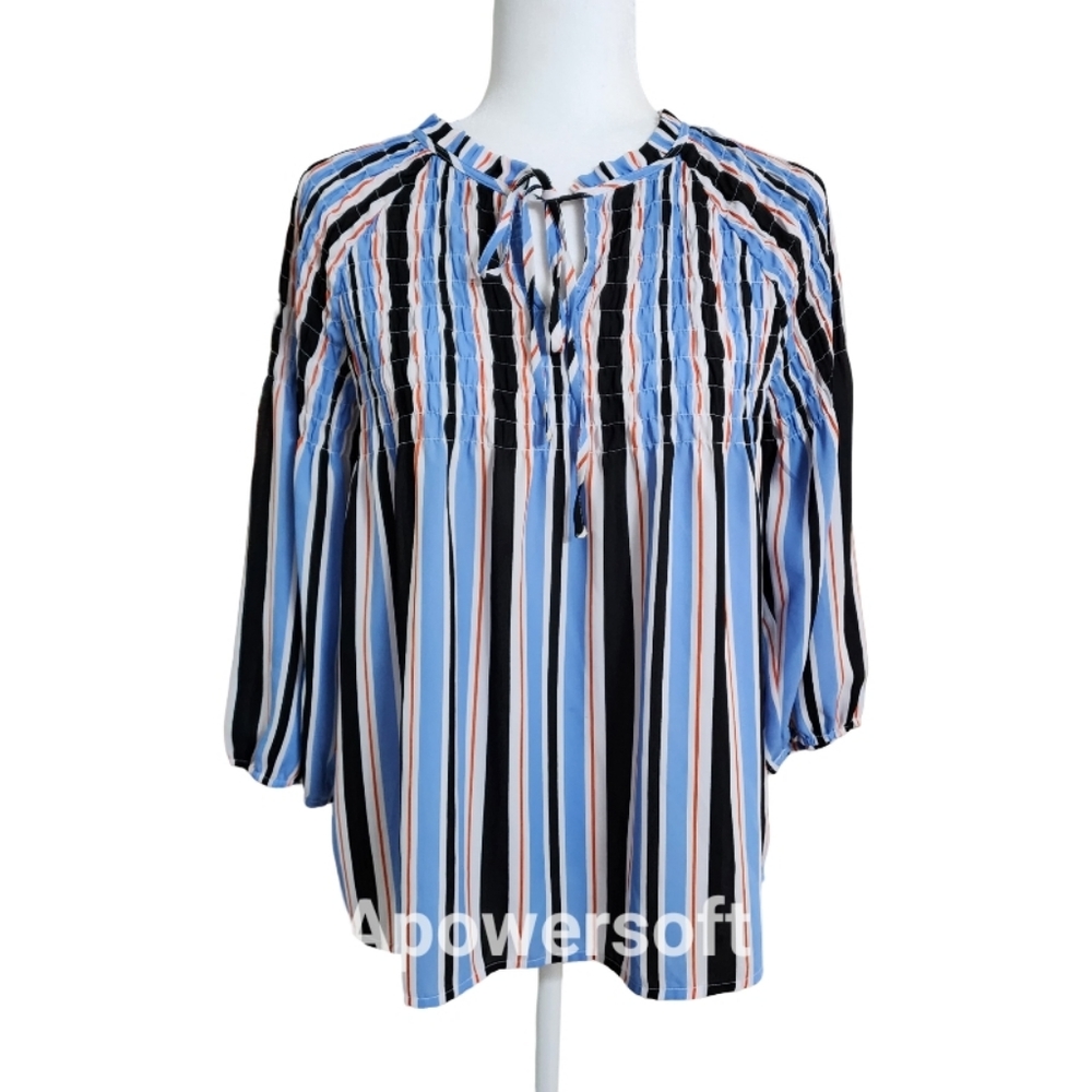 A.N.A Blue Black Orange White Striped Peasant Top with Peasant Sleeves